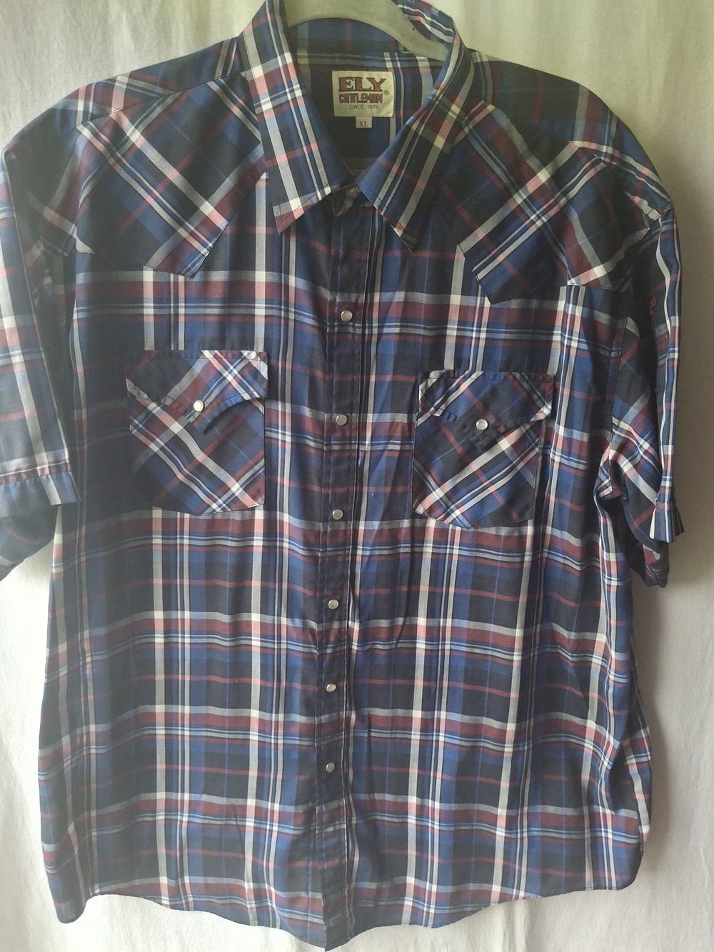 ELY Cattleman Men's Navy Plaid Short-Sleeve Western Shirt Pearl Snap